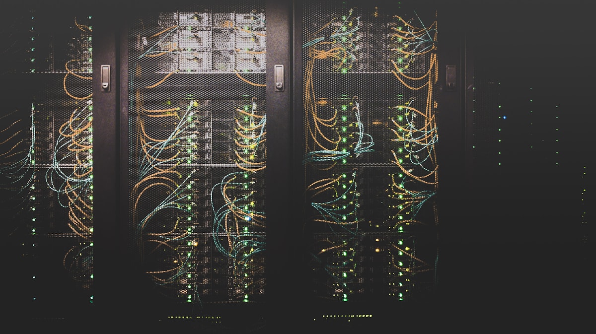 A modern data center with rows of illuminated servers